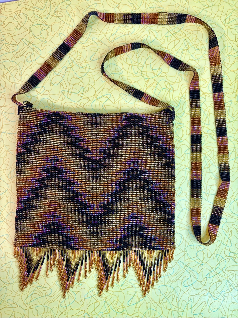 Handmade Beaded Fringe Crossbody Bag in Black & Gold iridescent - Women